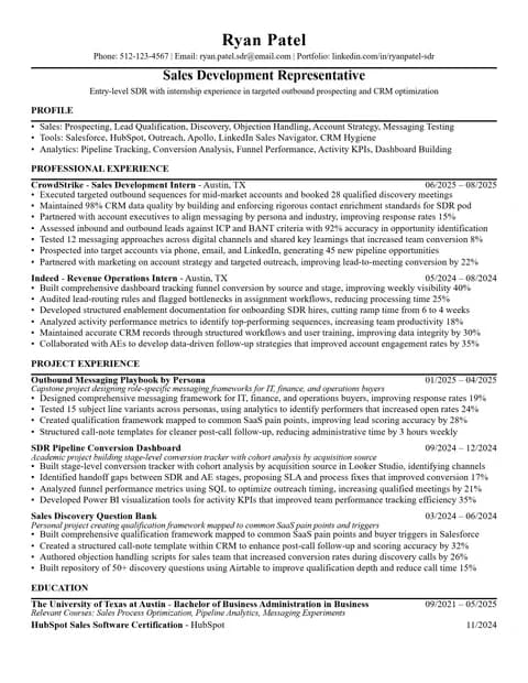 Entry-Level Sales Development Representative Resume resume card preview